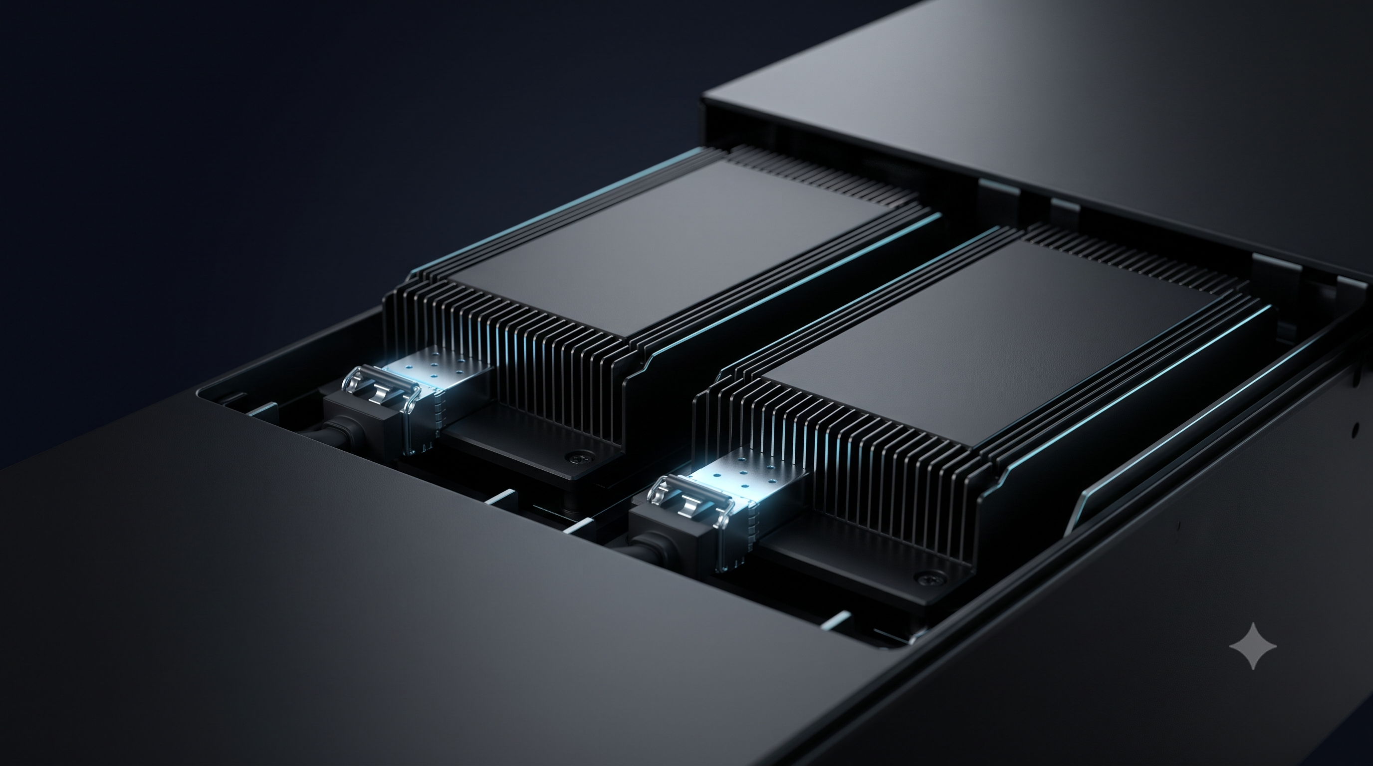 Huawei Ascend 910C GPU modules in server chassis with fiber optic transceivers